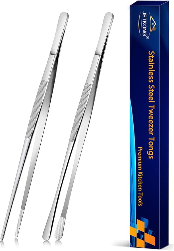JETKONG 2 Pcs 10-Inch Cooking Tweezers Stainless Steel, Straight Food Tweezers by JETKONG