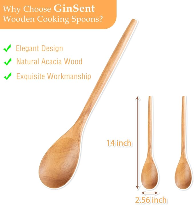 GinSent 2PCS Wooden Spoons for Cooking, 14-INCH Wooden Spoons Cooking Comfort - Image 2