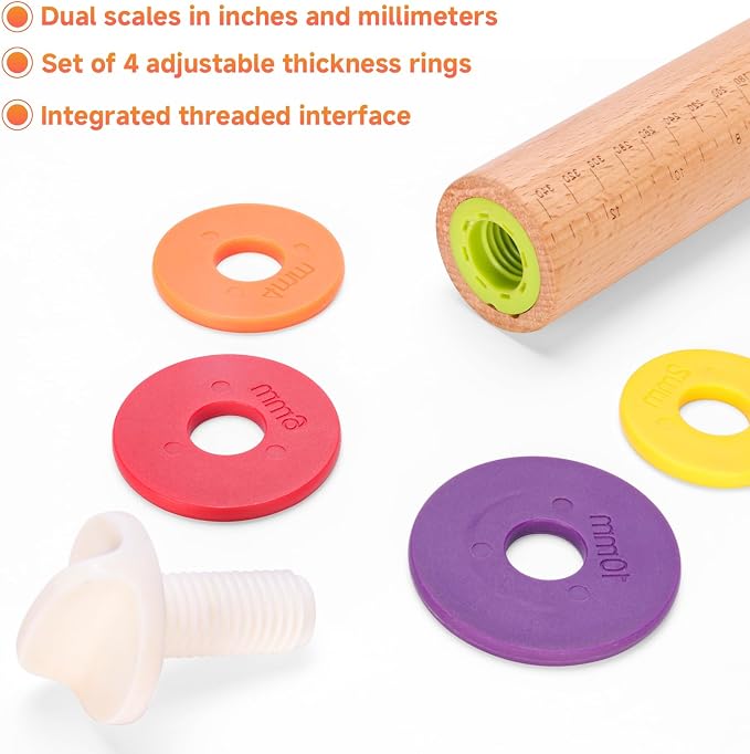Wooden Rolling Pin with Thickness Rings and Pastry Baking Mat, Pie Crusts - Image 5