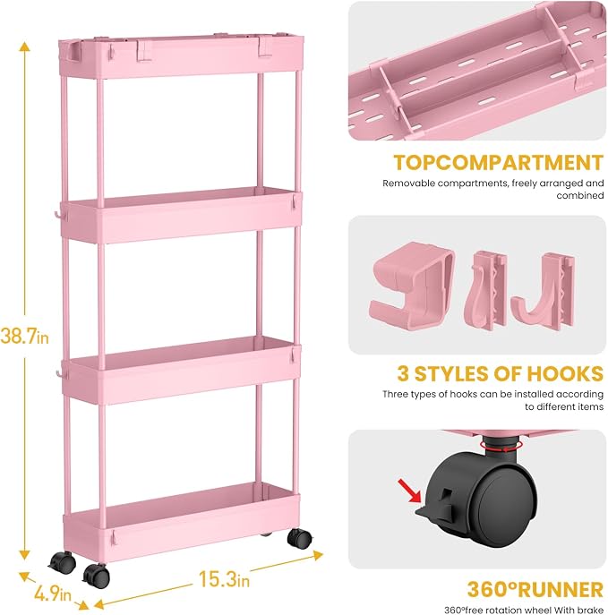 SPACELEAD Slim Storage Cart 4 Tier, Bathroom Organizer Rolling Utility - Image 3