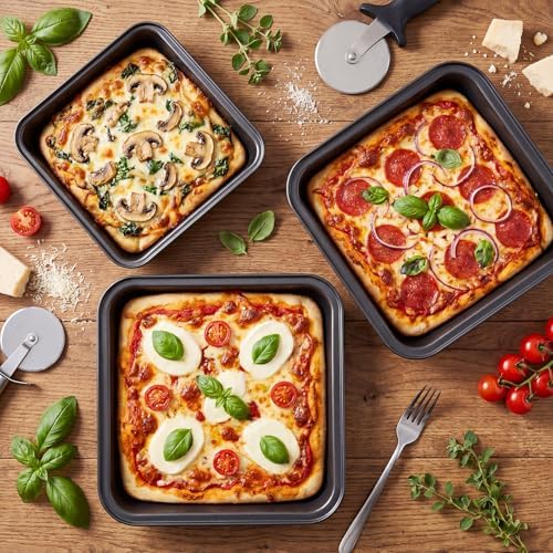 Hushee 3 Pcs Square Pizza Pans, 8, 9 and 10 Inch Carbon Steel Bakeware