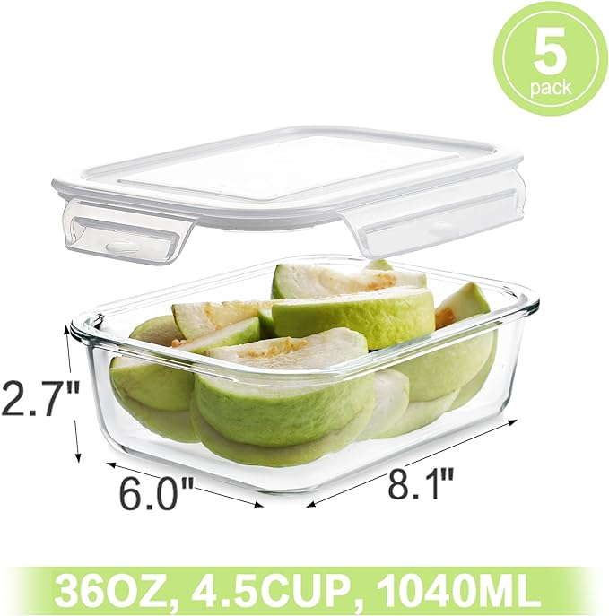 HOMBERKING Large Glass Meal Prep Containers, 5 Sets 35oz | 4.5cups, Food Storage - Image 2