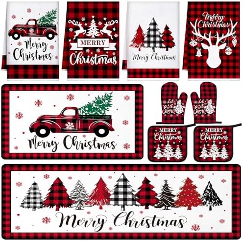 Fourluoo 10 Pcs Christmas Kitchen Decor Set, Retro Red Black Buffalo