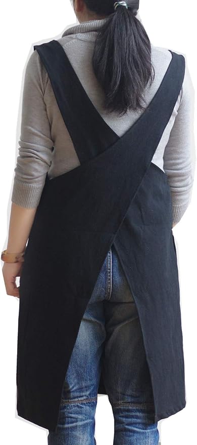 Cotton Linen Japanese Apron Halter Cross Back Bandage X Shape Aprons Two Pockets by AOBBYBBS