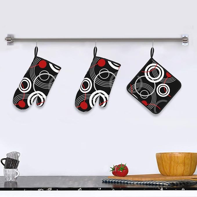 Modern Black Red Retro Oven Mitts and Pot Holders Sets of 3 Abstract Modern Hot - Image 6