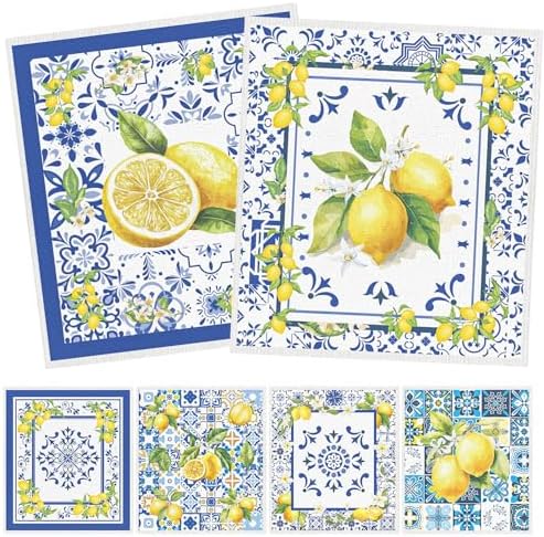 Blue Tiles Lemons Swedish Dishcloths, 6 Pack Reusable Swedish Dish