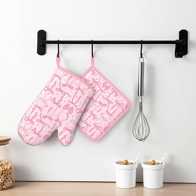Pink Cute Ribbon Bow Silicone Oven Mitts Pan Mats Set of 2, Heat Resistant - Image 6