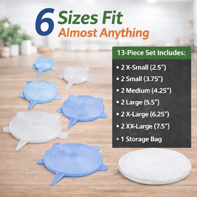 HIC Kitchen Reusable Stretch Food Storage Lids, 13-Piece Set, Includes 12 Lids - Image 3