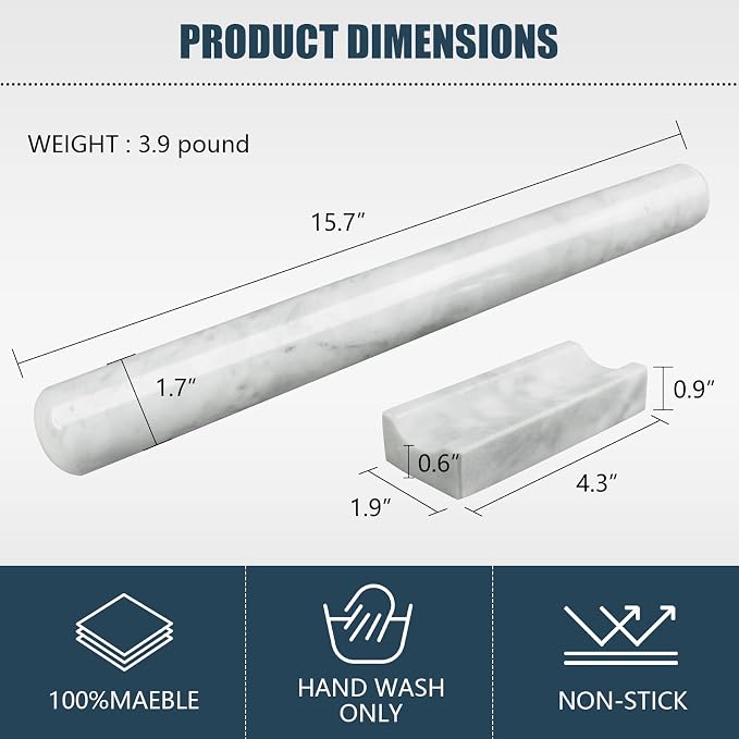 Marble Rolling Pin with Stand, 15.7" White Stone French Heavy Polished Non - Image 2