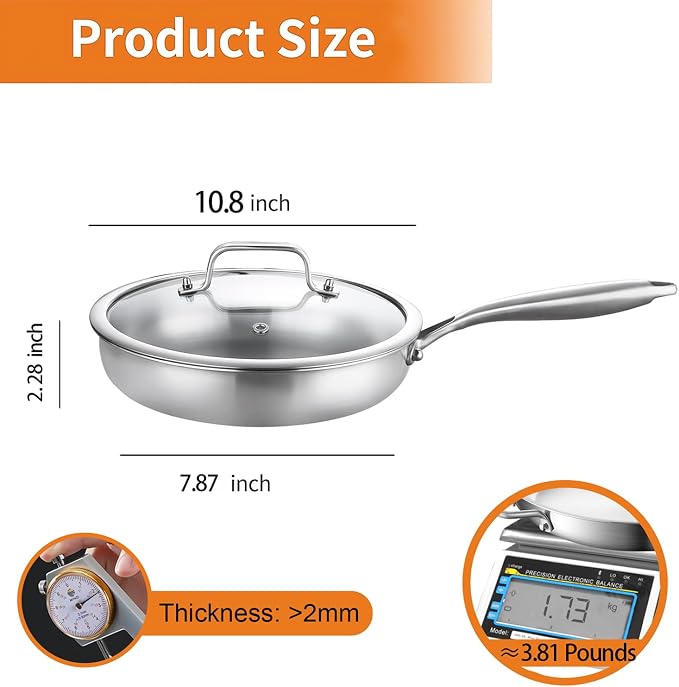 DELARLO Stainless Steel Pan 10.3Inch, Tri-ply Stainless Steel Frying Pan - Image 2