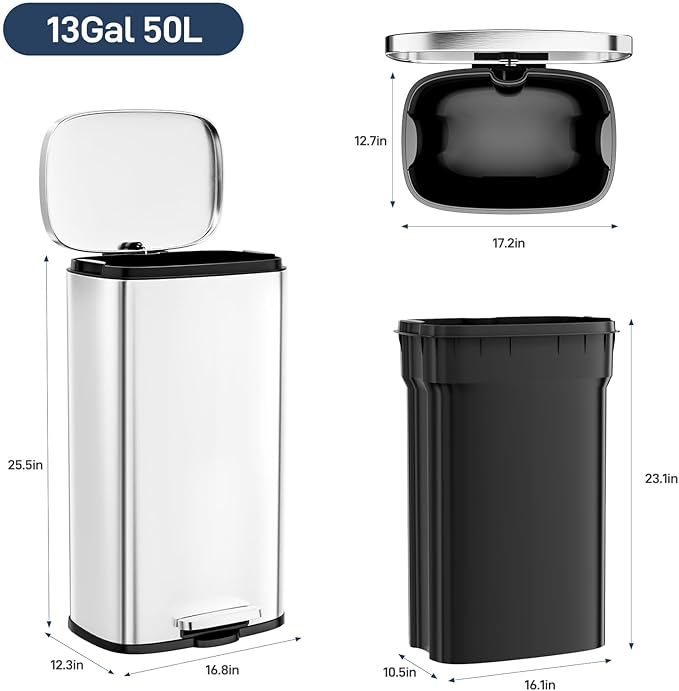 Arlopu 13.2 Gallon Step Trash Can, Stainless Steel Garbage Bin, Soft-Close - Image 2