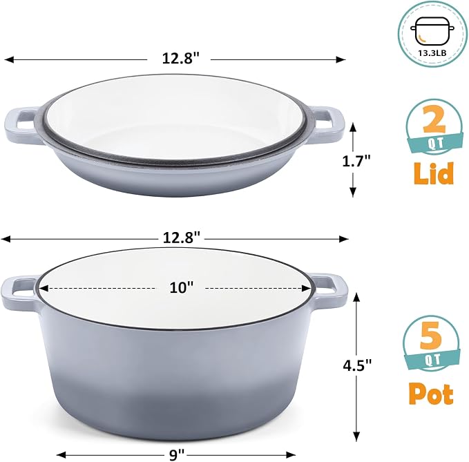 TeamFar 5 Quart Enameled Cast Iron Dutch Oven, 2-In-1 Dutch Oven Pot Cookware - Image 2