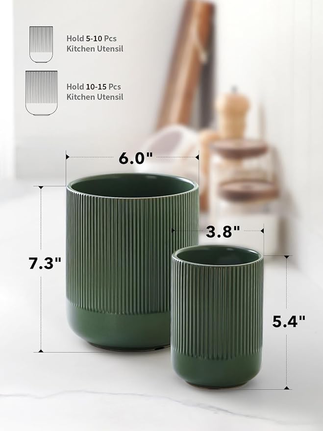 LE TAUCI Utensil Holder for Kitchen Counter, 7.3"+5.4" Fluted Ceramic Utensil - Image 6