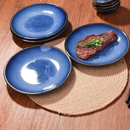 Ceramic Dinner Plate Set of 4, 7.5 Inch Blue Reactive Glaze Salad