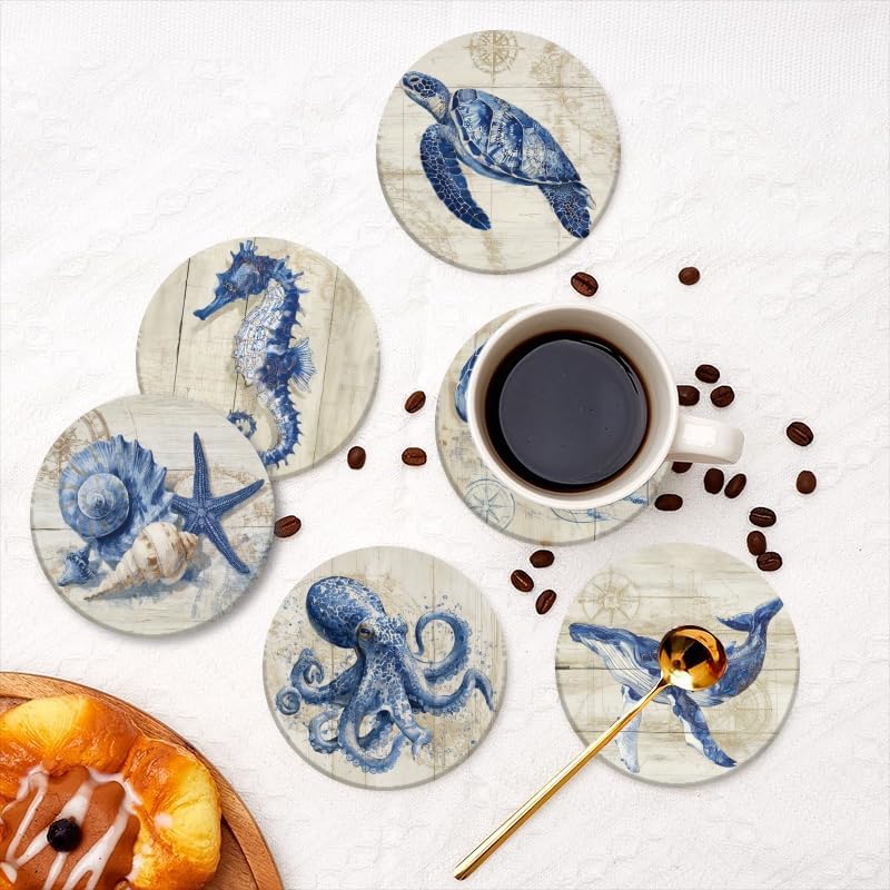 Drink Coasters Set of 6 with Holder Vintage Marine Style Wood Grain