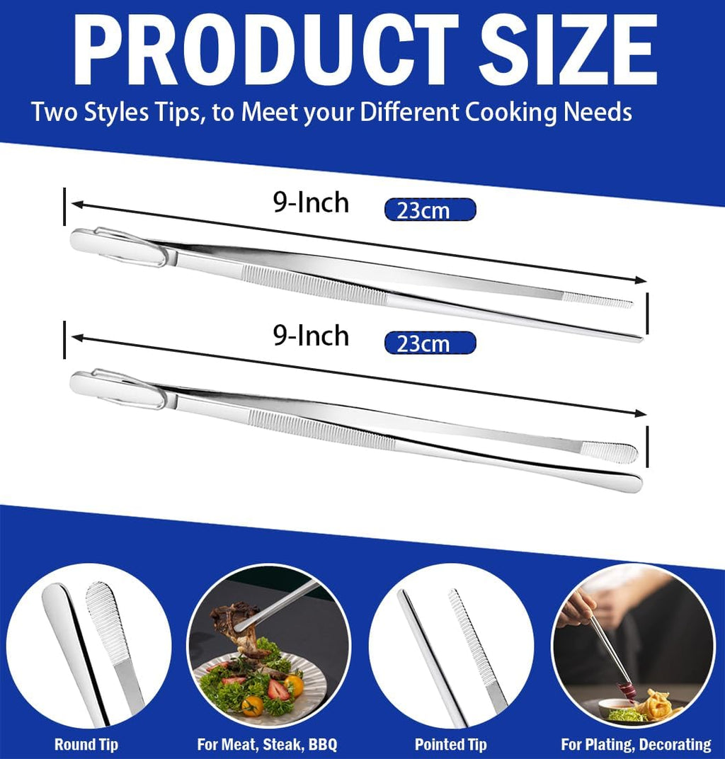 JETKONG 2 Pcs 9-Inch Kitchen Tweezers Cooking Tweezers Stainless Steel