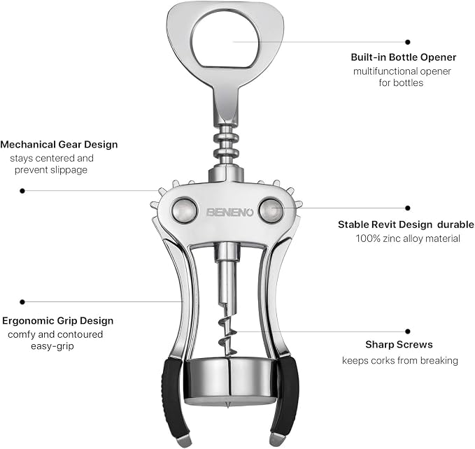 Beneno Wine Opener with Silicone Leak Proof Wine Vacuum Stopper, Zinc Alloy - Image 2