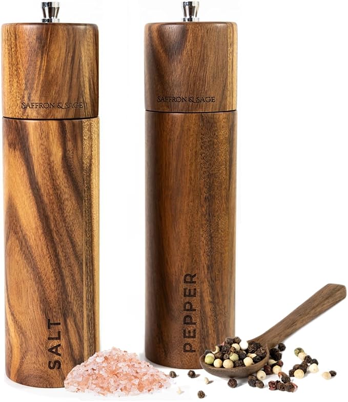 Saffron & Sage Premium Acacia Wood Salt and Pepper Grinder Set of 2-8” Tall by SaffronSageHomeLiving