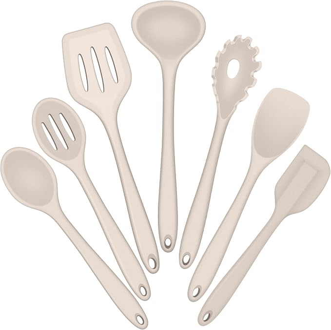 E-far Silicone Cooking Utensils Set, 7-Piece Khaki Heat Resistant Kitchen by E-far
