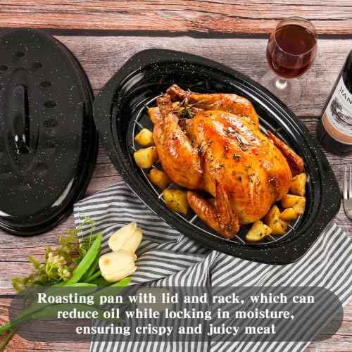 13 Inch Small Roasting Pan with Lid and Rack, Enamel Carbon Steel Roaster Pan, High Temperature Resistance and Dishwasher Safe, Cookware for Small Poultry & Vegetables