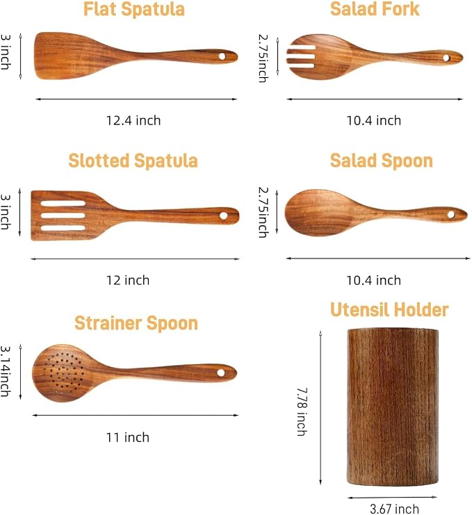 Teak Wooden Spoons for Cooking:6 Piece Wood Kitchen Utensils Set, Comfort Grip - Image 2