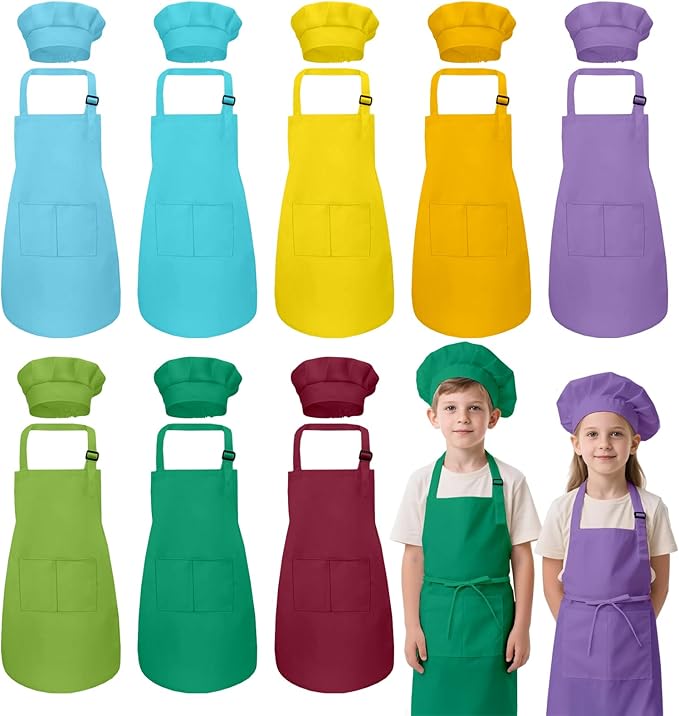Kids Apron and Chef Hat Set, 16 Pieces Boys Girls Kids Apron by IAGBIBUI