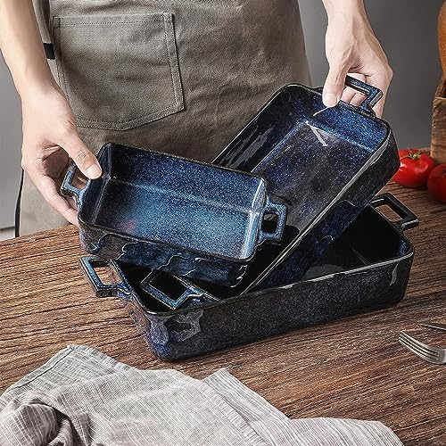 VICRAYS Ceramic Rectangular Bakeware Set, 3 PCS, Blue