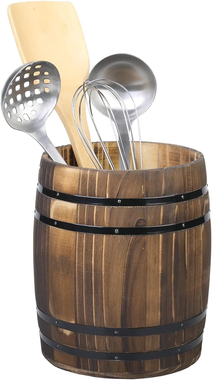 MyGift Wine Barrel Design Kitchen Utensil Crock, Vintage Rustic Burnt Wood by MyGiftHome
