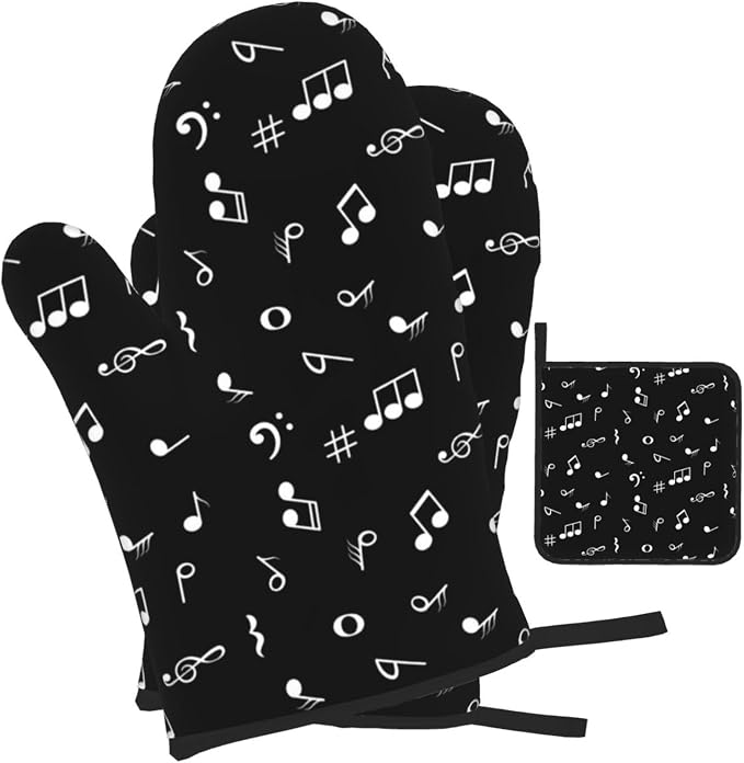 Music Notes Oven Mitts and Pot Holders Sets of 3 Black Hot Pads Musicial Oven - Image 2