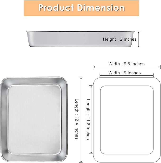E-far Baking Pans Set of 2, 12.4” x 9.6” x 2” Stainless Steel Rectangular Cake - Image 2