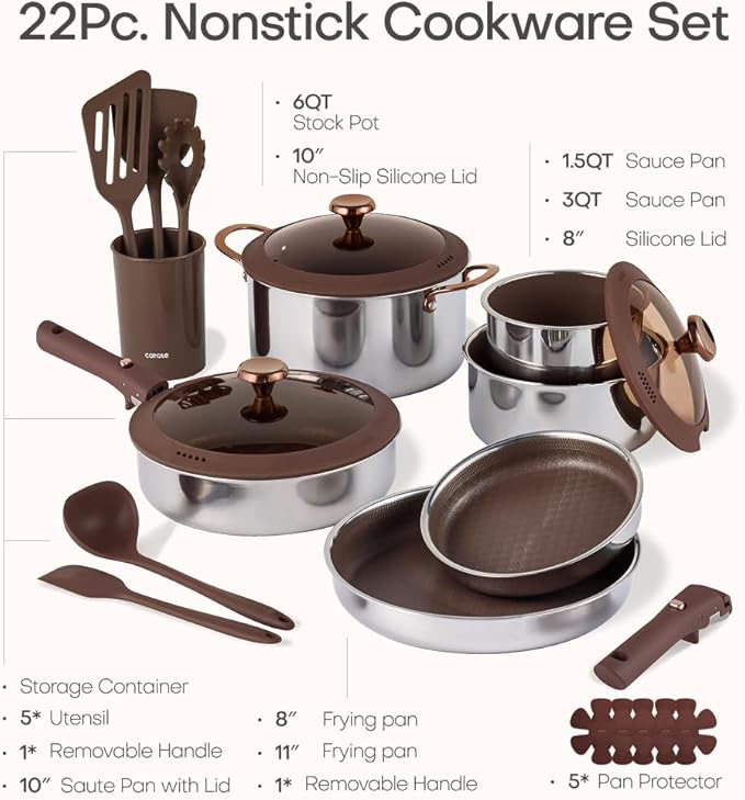 CAROTE 22PCS Stainless Steel Cookware Set, Ceramic Hybrid Nonstick Pots and - Image 2