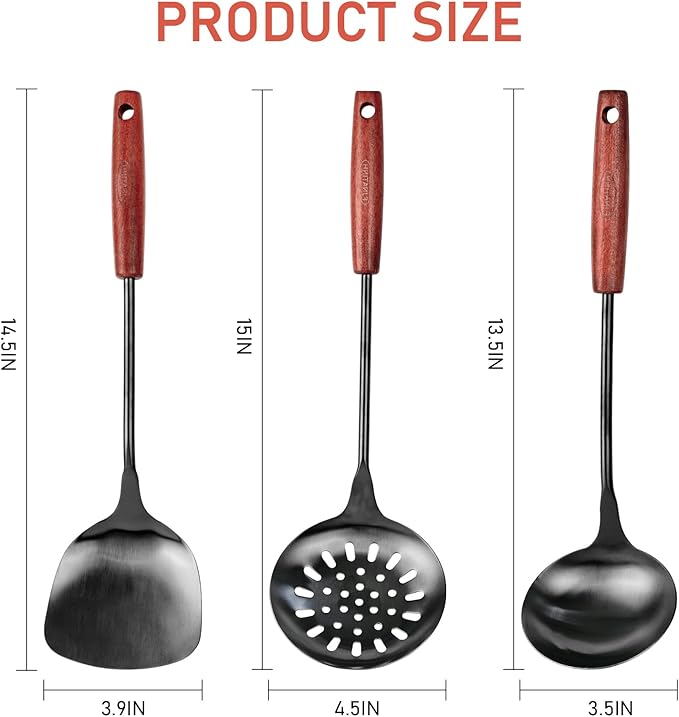 FJNATINH Wok Spatula and Ladle, Skimmer Ladle Tool Set, 17inches Spatula - Image 2