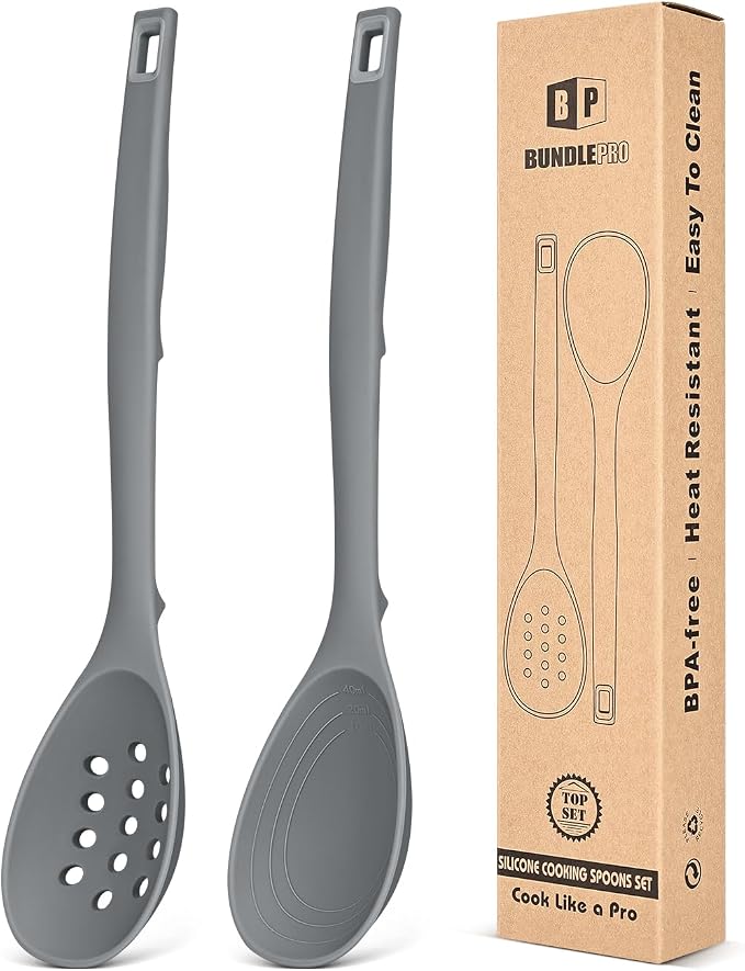 Pack of 2 Silicone Cooking Spoons, Non Stick Solid Kitchen Spoon by BUNDLEPRO