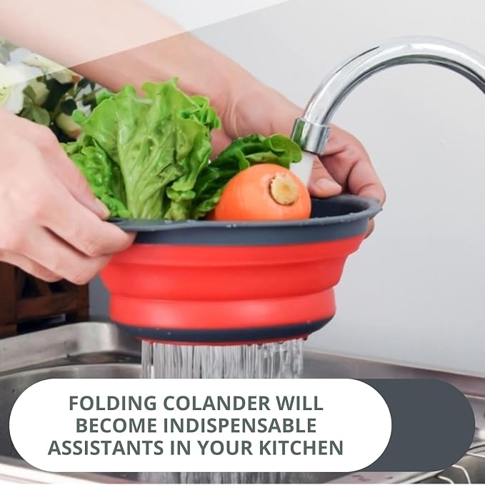 Red Round Silicone Collapsible Colander – Silicone Round Kitchen Strainers - Image 6