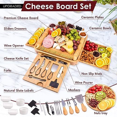 Charcuterie Boards Gift Set Bamboo Cheese Board and Knife Set, Cheese Tray Magnetic Charcuterie Boards Set, 15 x 13 x 2 Inch for Cheese Meat Fruit Gift for Birthdays Wedding Registry Housewarming