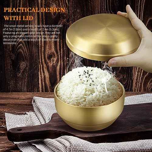 4Pcs Stainless Steel Rice Bowl with Lid 4.7In, 13 oz Double-Walled Insulated Metal Snack Bowls, Small Metal Serving Bowls, Appetizer Bowls Gold for Sauces, Noodles, Ice Cream, Oat, Cereal (4)