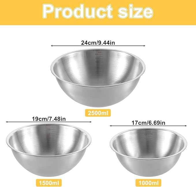 Stainless Steel Mixing Bowls 3 Packs Nesting Baking Supplies Small Thicker - Image 2