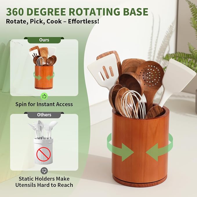 Wooden Utensil Holder, 360°Rotating 7.3'' Large Utensil Holder - Image 3