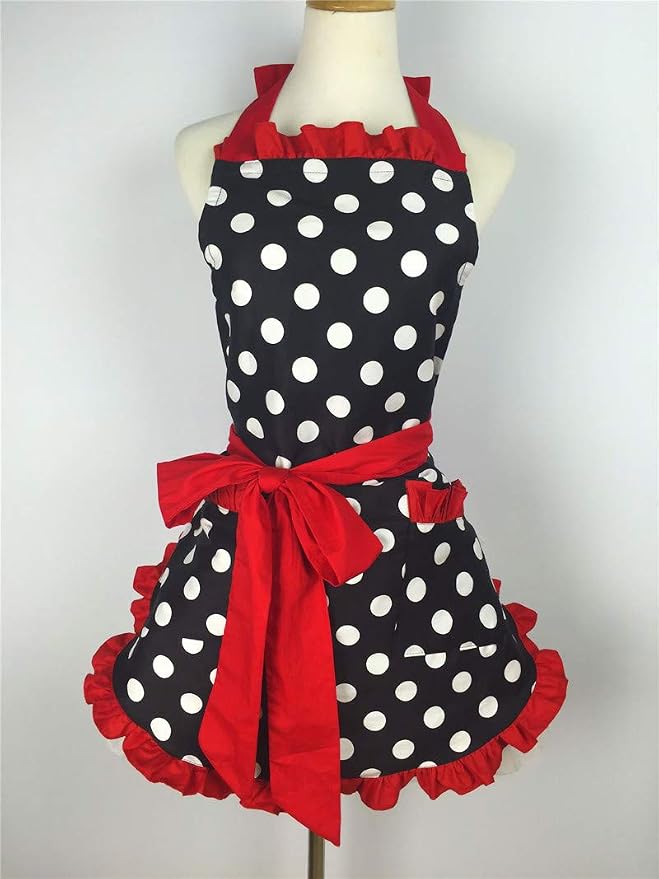 Hyzrz Cute Apron Retro Black Polka Dot Retro Ruffle Side Vintage Cooking Aprons - Image 3