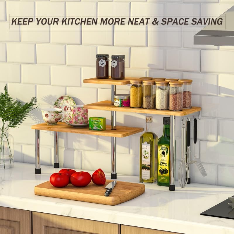 ZHWS Adjustable 3-Tier Corner Counter Shelf with 4 Hooks