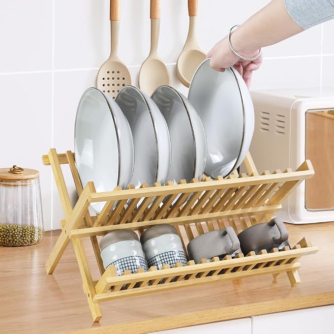 KKTONER Bamboo Dish Drying Rack 2 Tier Foldable Plate Organizer Collapsible - Image 5
