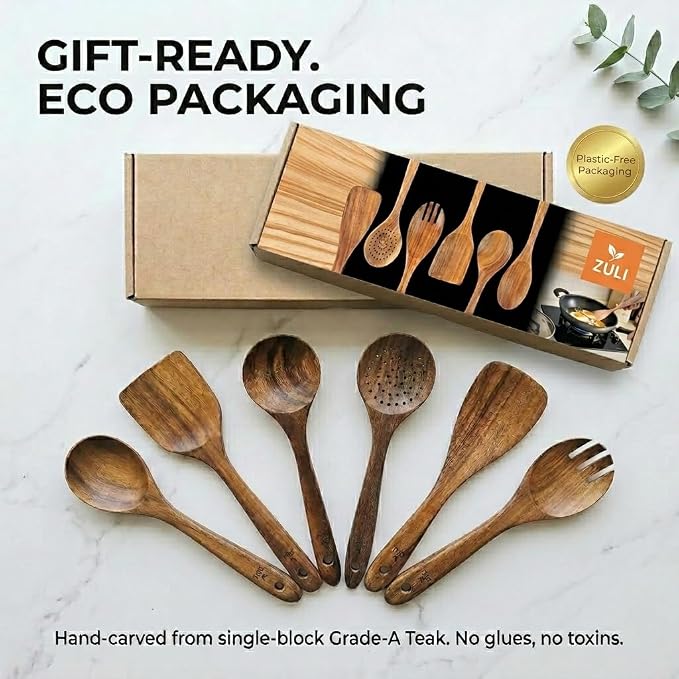 6-Piece Teak Wooden Cooking Utensil Set – Wooden Spoons & Spatulas - Image 8