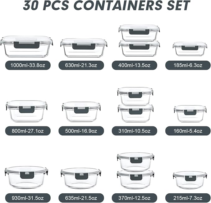 VERONES 30 Pieces Glass Meal Prep Containers Set, Stackable Glass Food Storage - Image 2
