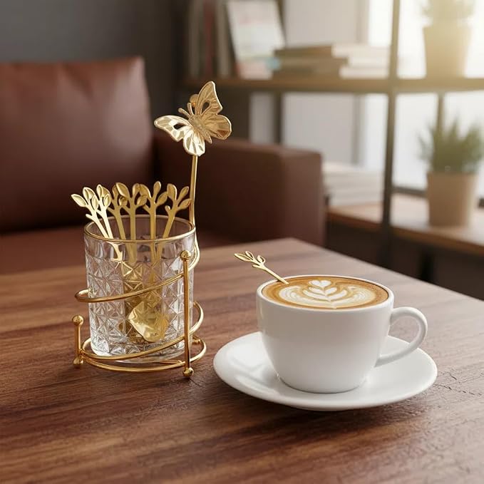 6PCS Coffee Spoons Set with Glass Holder, Small Stainless Steel Gold Tea Spoon - Image 6