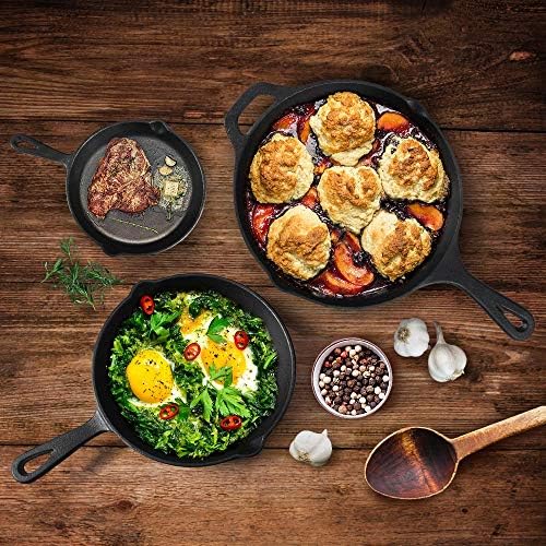 Suteck Cast Iron Skillets 3-Piece Set, 6", 8" & 10" Pre-Seasoned Pan Set