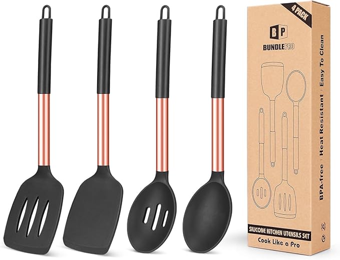 Pack of 4 Silicone Cooking Utensils Set, Non Stick Large Solid Spatulas by BUNDLEPRO