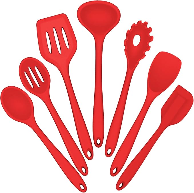 Silicone Cooking Utensils Set, E-far 7-Piece Red Heat Resistant Kitchen by E-far