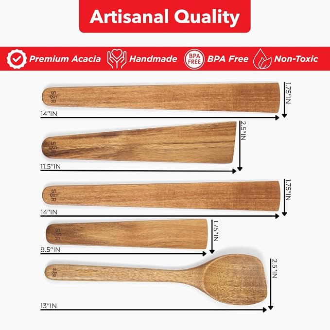SLATE & ROYCE 5-Piece Acacia Wood Utensil Set, Non-Toxic Wooden Kitchen Tools - Image 3