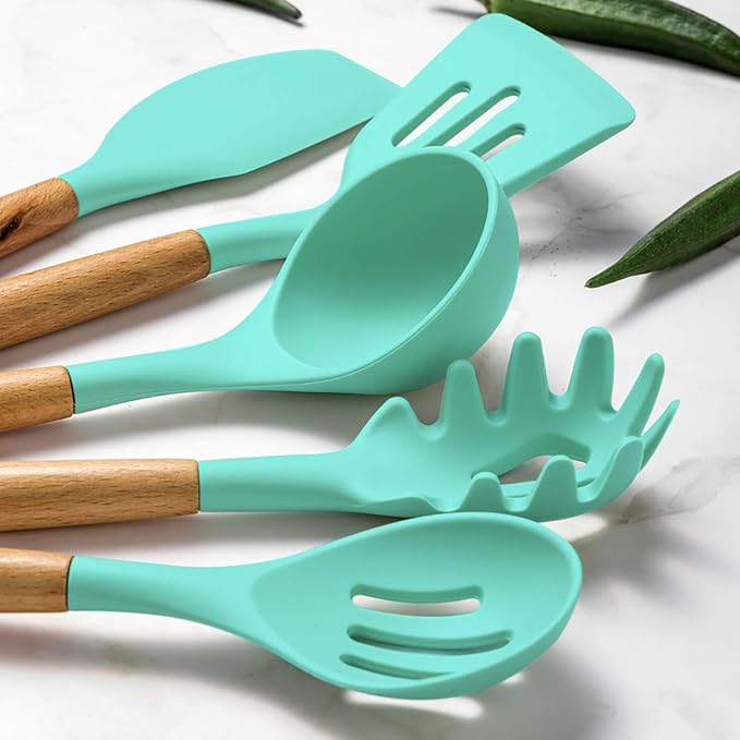 Umite Chef Kitchen Cooking Utensils Set, Wooden Handle Heat Resistant Silicone - Image 3