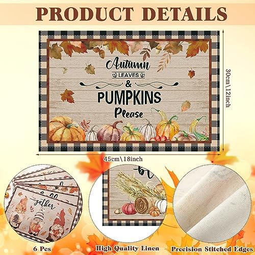 Uiifan 6 Pcs Rustic Fall Placemats, 12x18 Inch Harvest Table Mats
